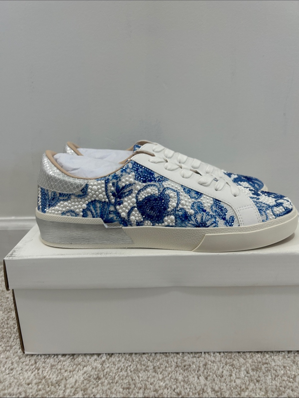 Betsey Johnson Blue & White Pearl-Embellished Floral Sneakers
